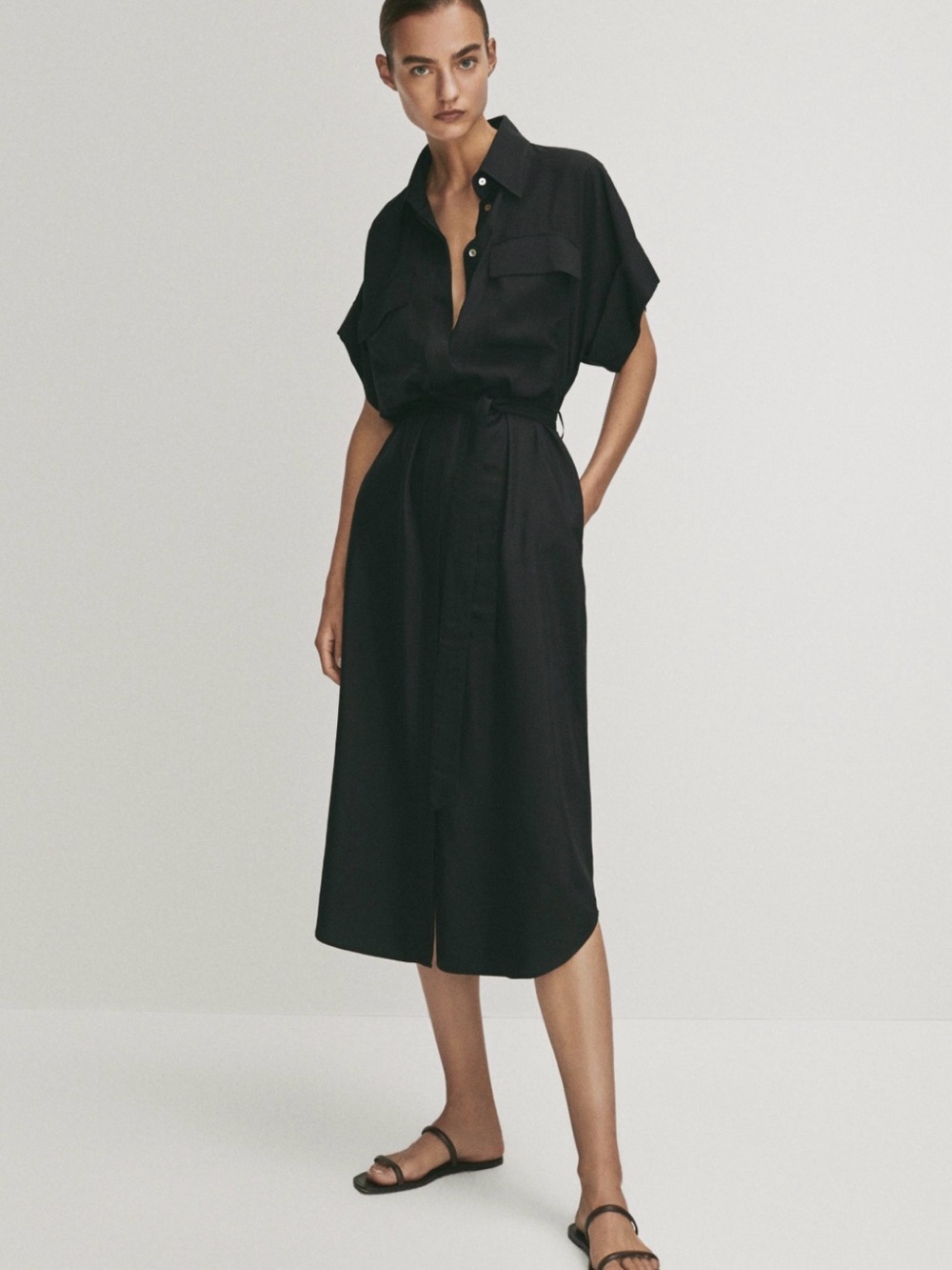 Massimo Dutti Black Belted Utility Midi Dress NWT Size 8 Minimalist Quiet Luxury